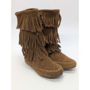 Makalu Nalani Brown Fringe Moccasin Boots Kids Size 12M Suede Triple Tier Boho
